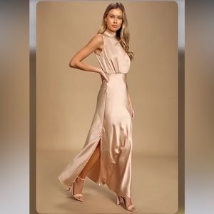 New Lulus Classic Elegance Blush Satin Sleeveless Mock Neck Maxi Dress